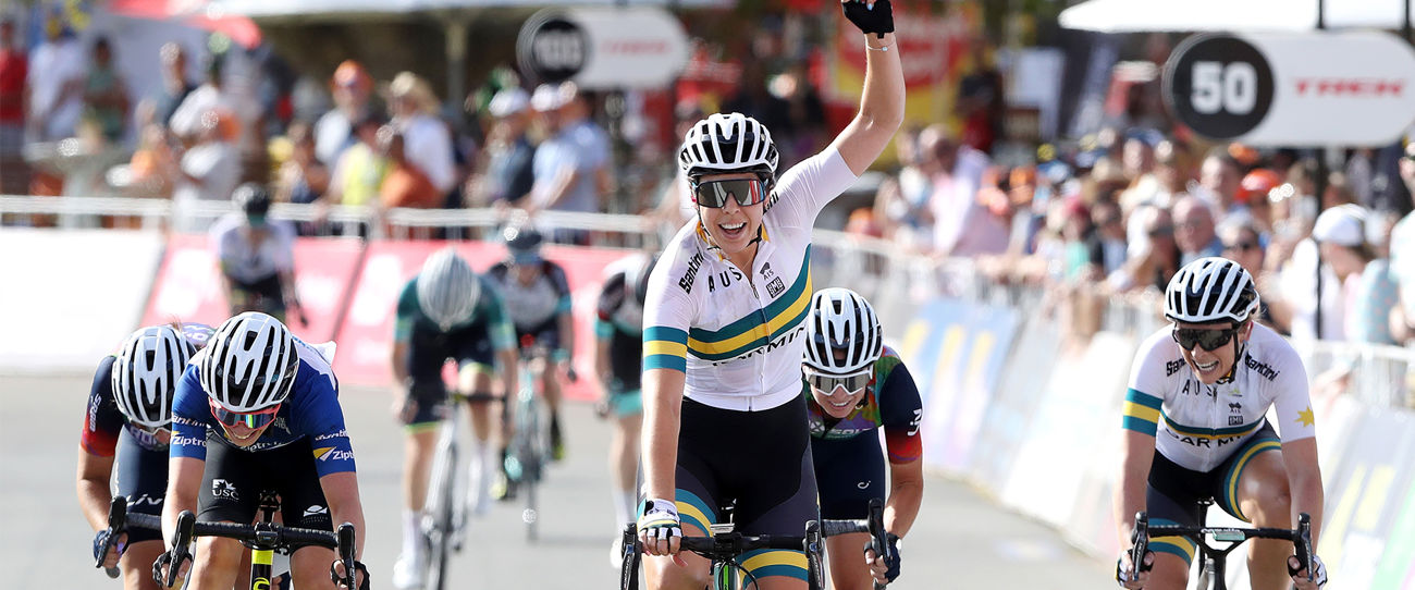 Georgia Baker winning Stage 4 of the 2021 Santos Festival of Cycling