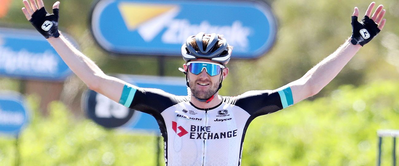 Luke Durbridge winning Stage 1 of the 2021 Santos Festival of Cycling. Image: Sarah Reed