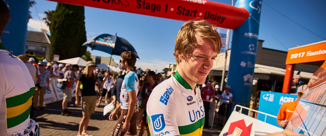 Callum Scotson signing on at the 2017 Santos Tour Down Under