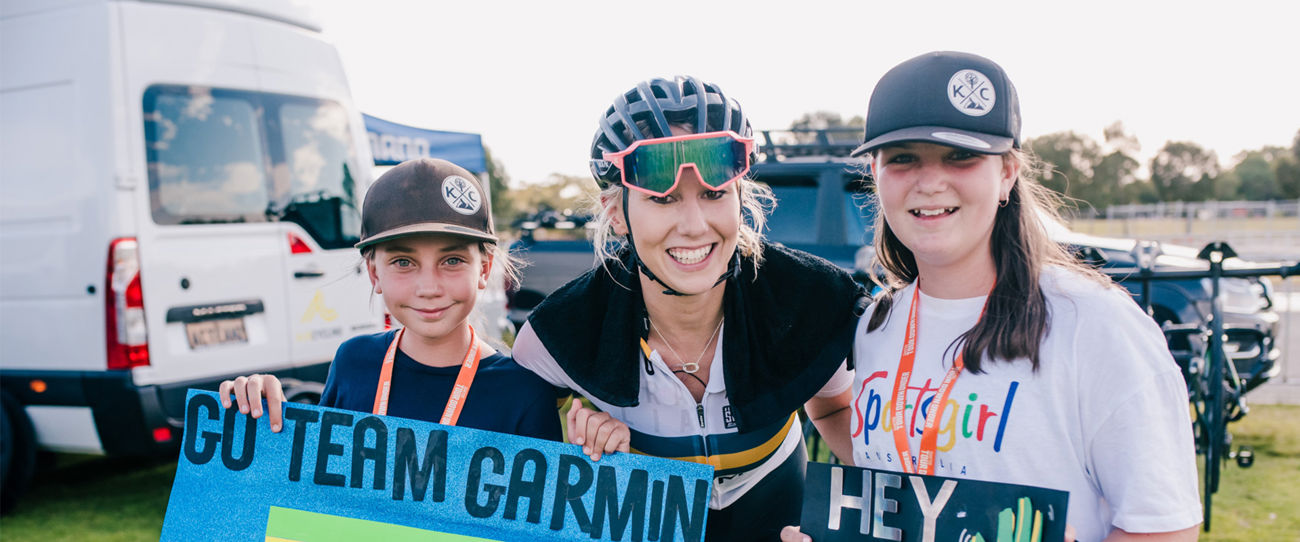 Maeve Plouffe with fans at the 2021 Santos Festival of Cycling